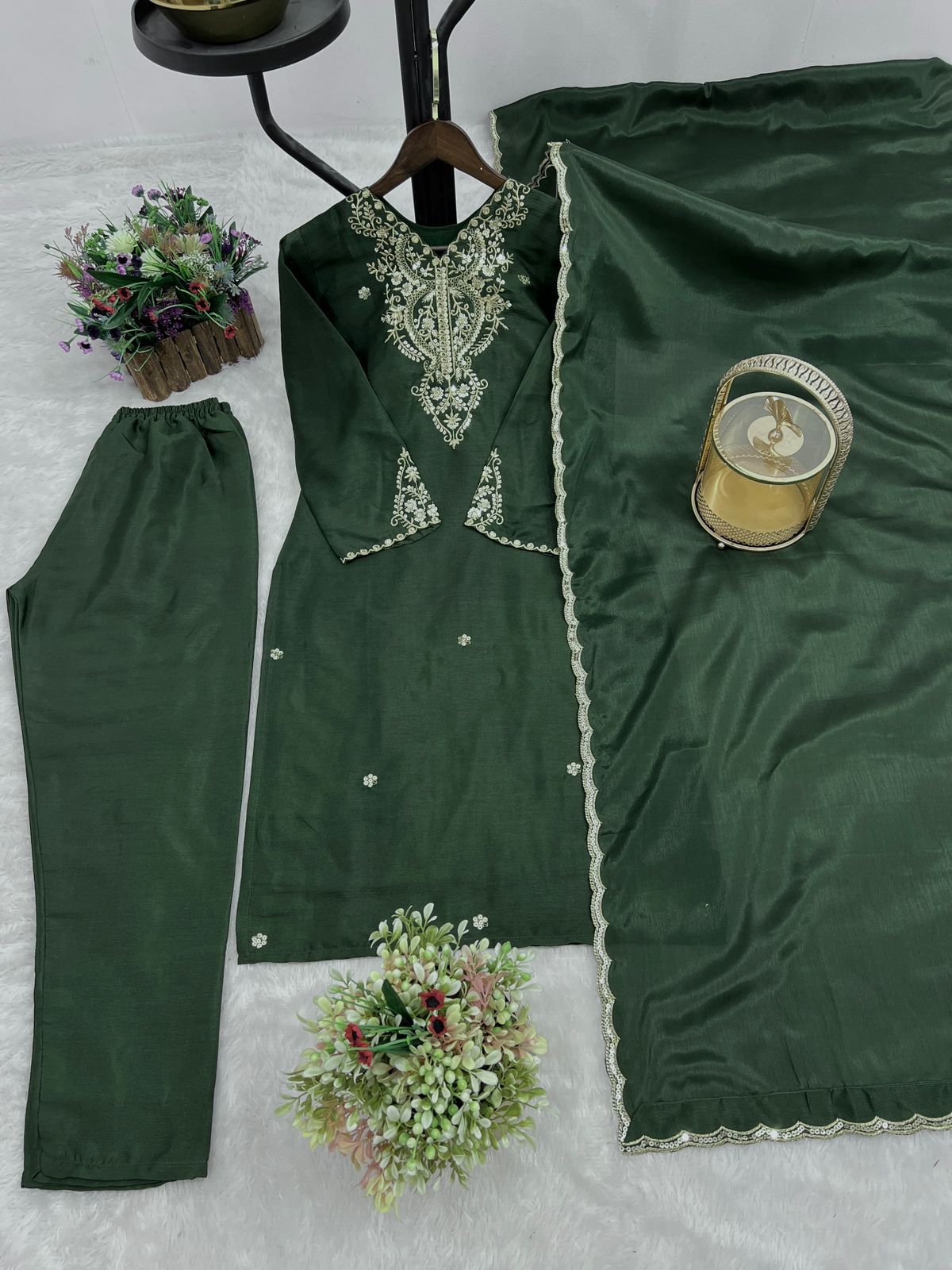 Embroidered Chinon Silk Suit