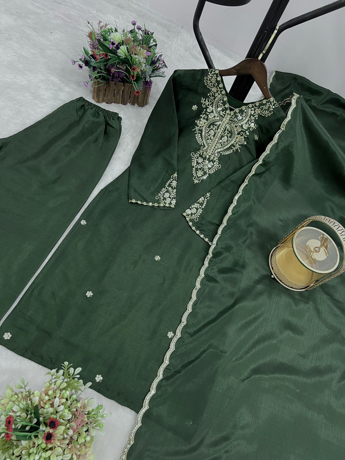 Embroidered Chinon Silk Suit