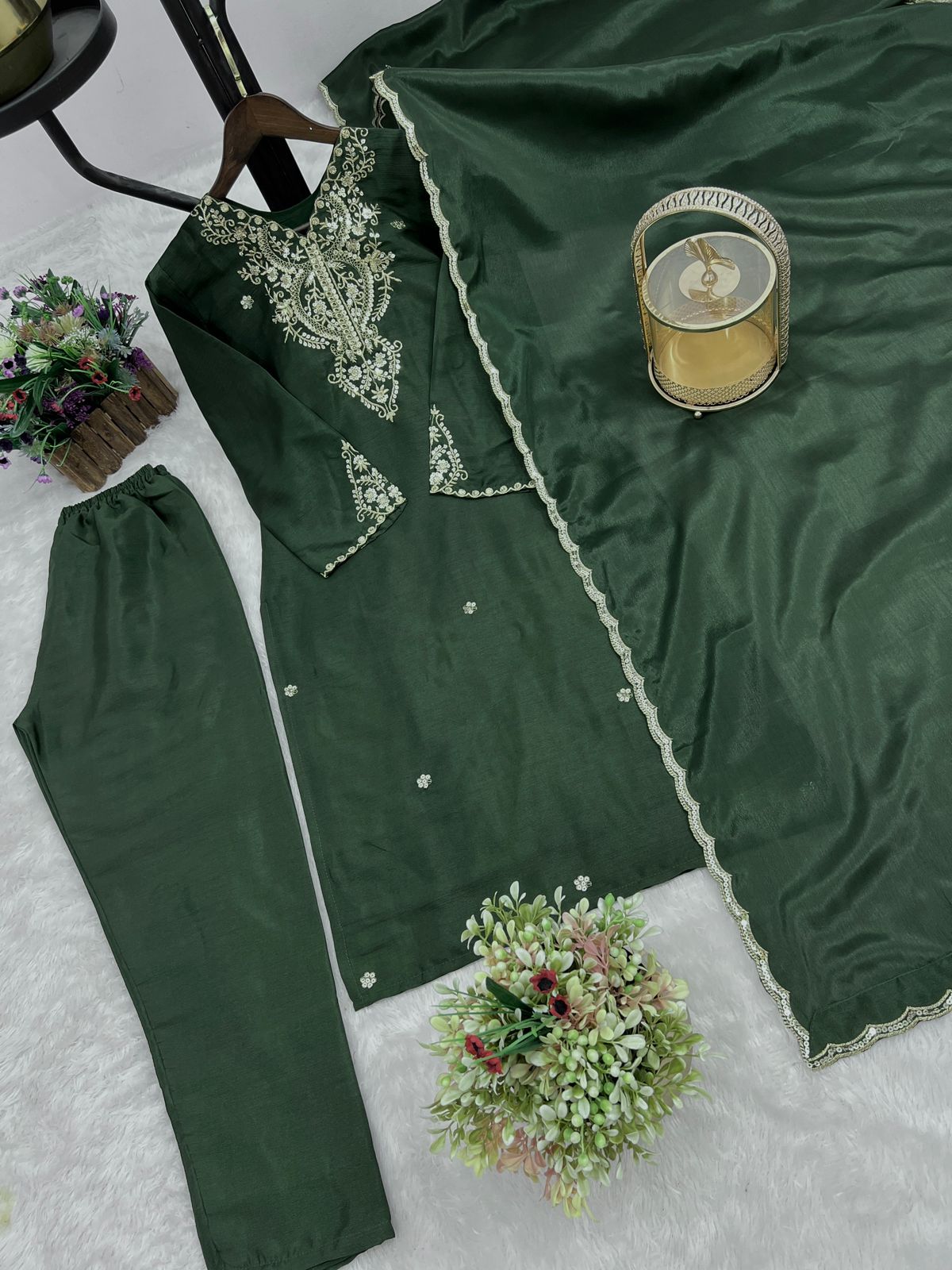 Embroidered Chinon Silk Suit