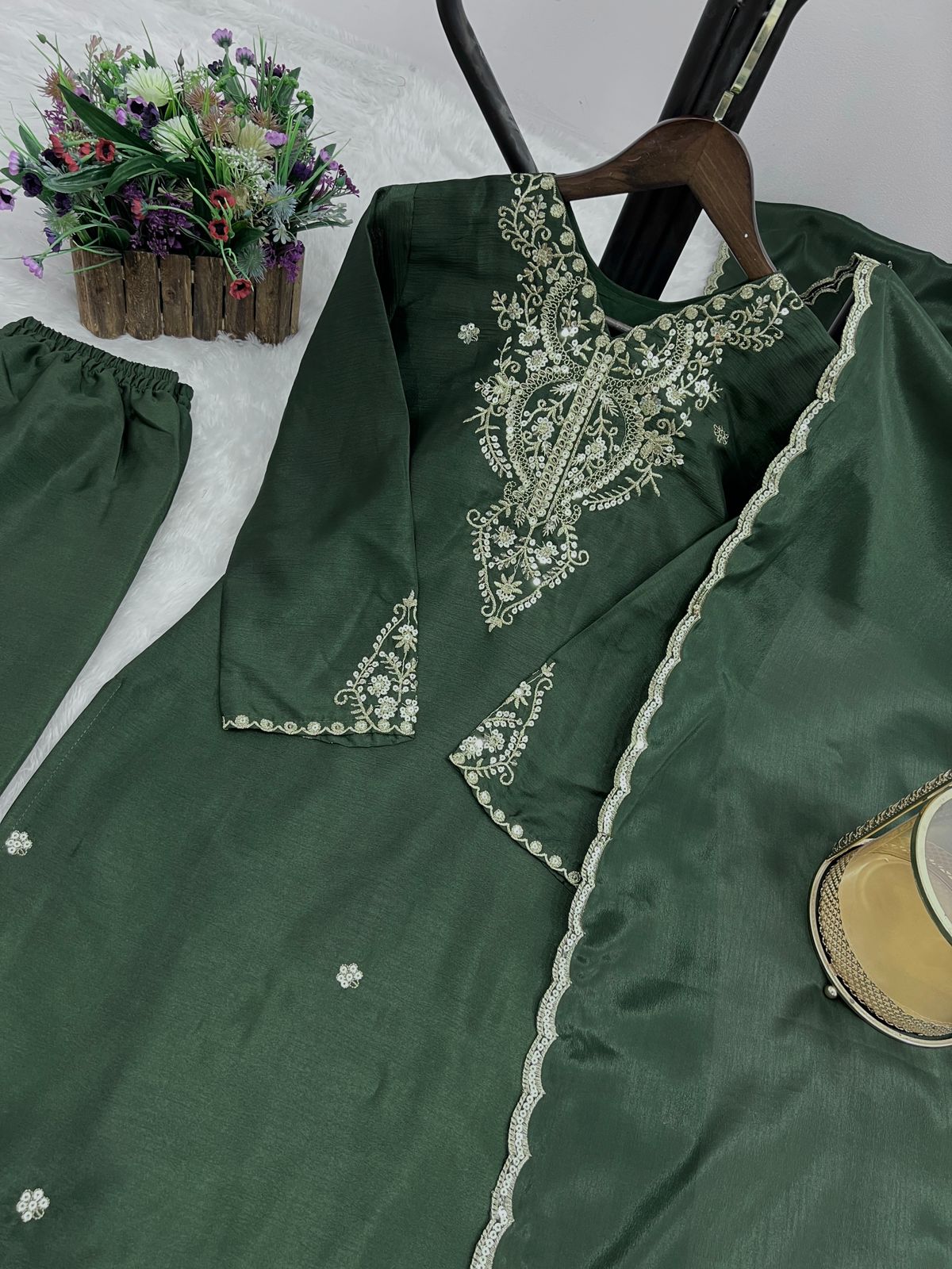 Embroidered Chinon Silk Suit